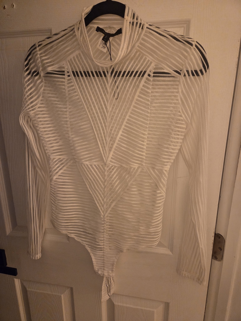 BCBGMaxAzria White Sheer Striped Long-Sleeve Bodysuit